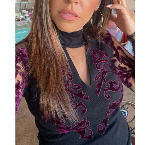 INC Flocked Velvet Illusion Black & Wine Choker Mesh Sweater Top Medium - Picture 3 of 11